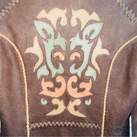 Reba Size Small Soft Leather jacket Brown Tooled Braided Stitching Full Zip - Picture 6 of 13